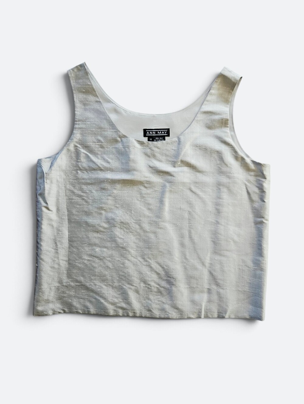 Vintage Ann May Silver 100% Dupioni Silk Crepe Metallic Sleeveless Blouse Tank M